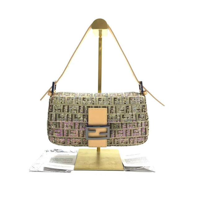 Fendi Baguette Brown Zucchino Monogram Multicolor Crystals Shoulder Bag