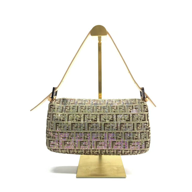 Fendi Baguette Brown Zucchino Monogram Multicolor Crystals Shoulder Bag