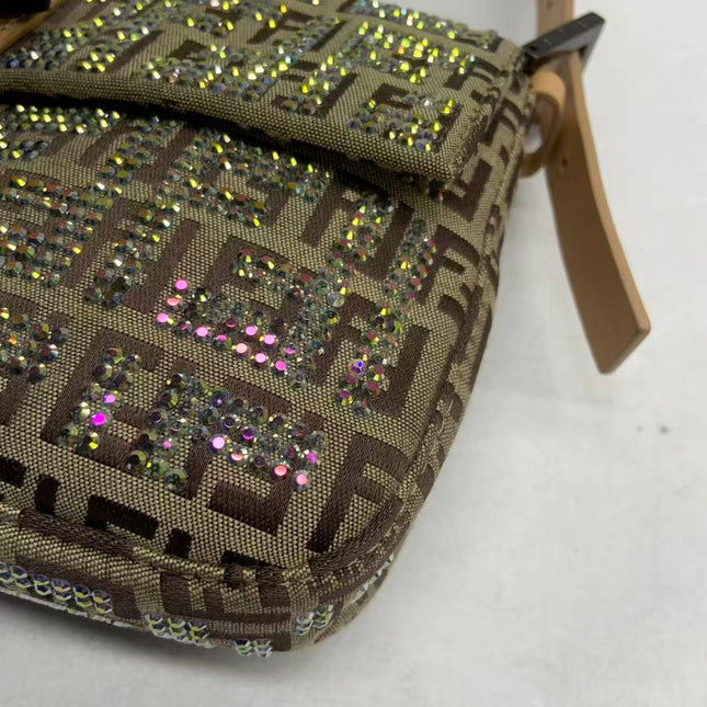Fendi Baguette Brown Zucchino Monogram Multicolor Crystals Shoulder Bag