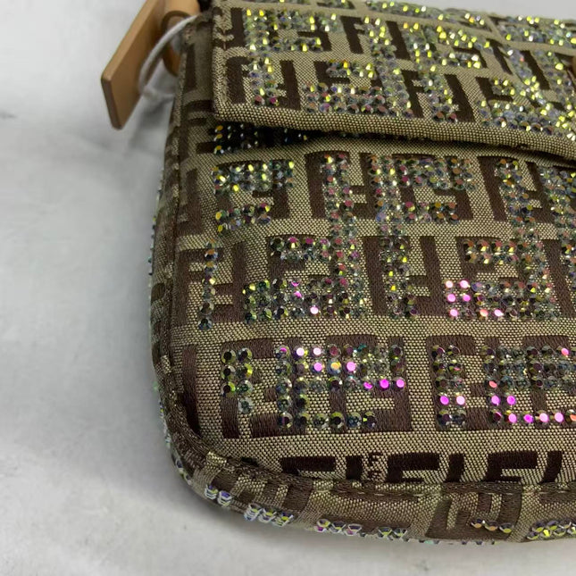 Fendi Baguette Brown Zucchino Monogram Multicolor Crystals Shoulder Bag