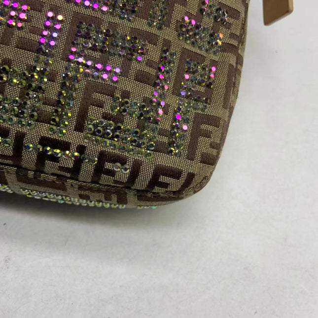Fendi Baguette Brown Zucchino Monogram Multicolor Crystals Shoulder Bag