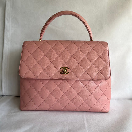 Chanel Vintage Top Handle Kelly Flap Bag Pink Quilted Caviar Leather 24k Gold Plated Hardware