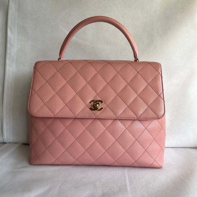 Chanel Vintage Top Handle Kelly Flap Bag Pink Quilted Caviar Leather 24k Gold Plated Hardware