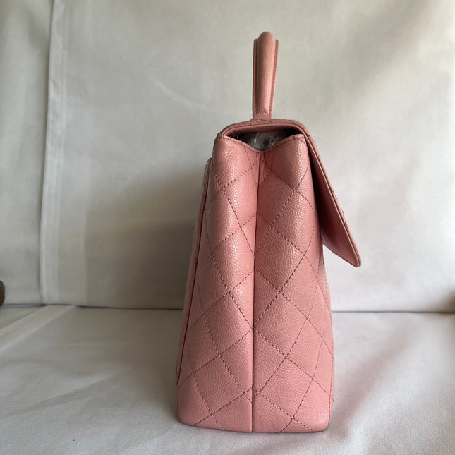 Chanel Vintage Top Handle Kelly Flap Bag Pink Quilted Caviar Leather 24k Gold Plated Hardware