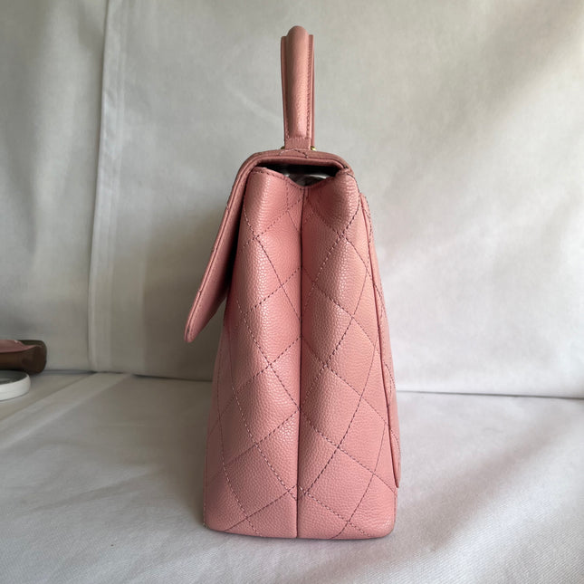 Chanel Vintage Top Handle Kelly Flap Bag Pink Quilted Caviar Leather 24k Gold Plated Hardware