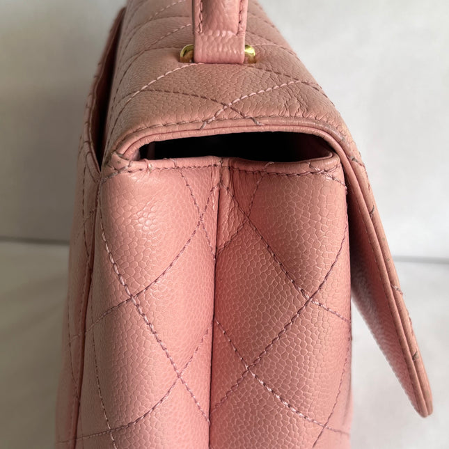 Chanel Vintage Top Handle Kelly Flap Bag Pink Quilted Caviar Leather 24k Gold Plated Hardware