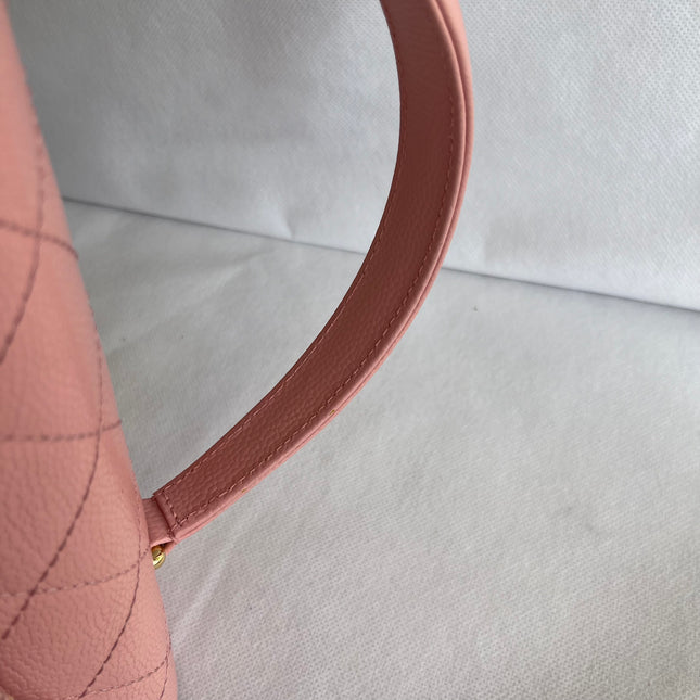 Chanel Vintage Top Handle Kelly Flap Bag Pink Quilted Caviar Leather 24k Gold Plated Hardware