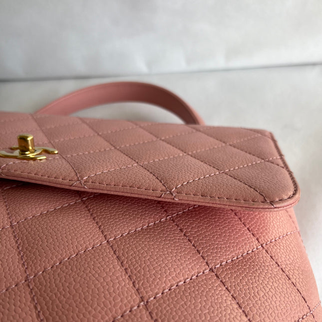 Chanel Vintage Top Handle Kelly Flap Bag Pink Quilted Caviar Leather 24k Gold Plated Hardware
