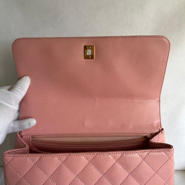 Chanel Vintage Top Handle Kelly Flap Bag Pink Quilted Caviar Leather 24k Gold Plated Hardware