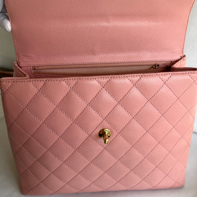 Chanel Vintage Top Handle Kelly Flap Bag Pink Quilted Caviar Leather 24k Gold Plated Hardware