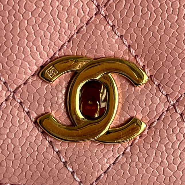 Chanel Vintage Top Handle Kelly Flap Bag Pink Quilted Caviar Leather 24k Gold Plated Hardware