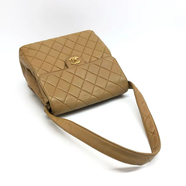 Chanel Vintage Double Sided Kelly Light Brown Lambskin Leather Shoulder Bag 1996-1997