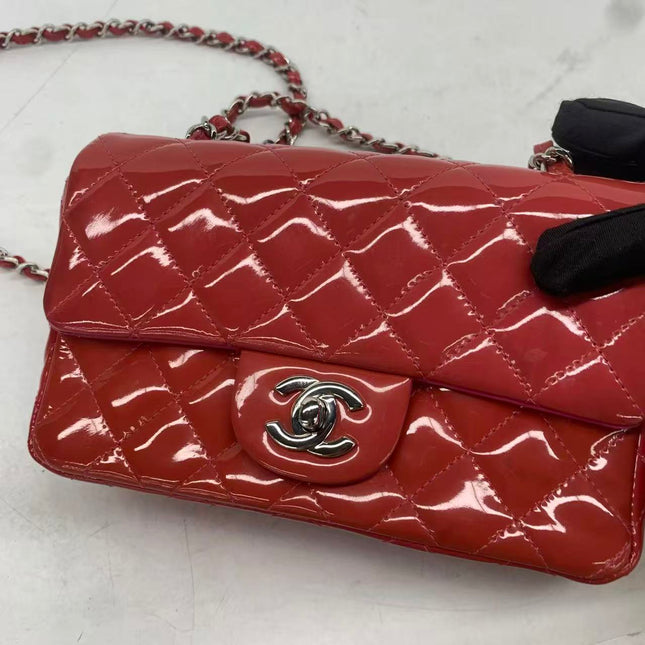 Chanel Classic Flap Mini Red Patent Leather Silver Hardware