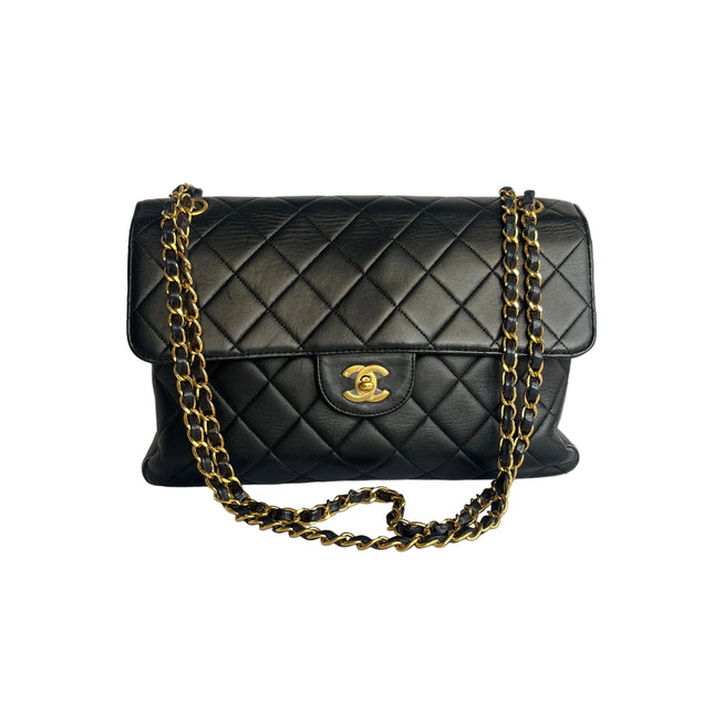Chanel Jumbo Double Sided Classic Flap Black Lambskin Leather 24k Gold Hardware Handbag