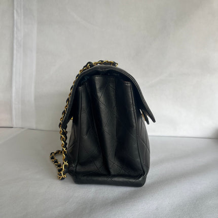 Chanel Jumbo Double Sided Classic Flap Black Lambskin Leather 24k Gold Hardware Handbag
