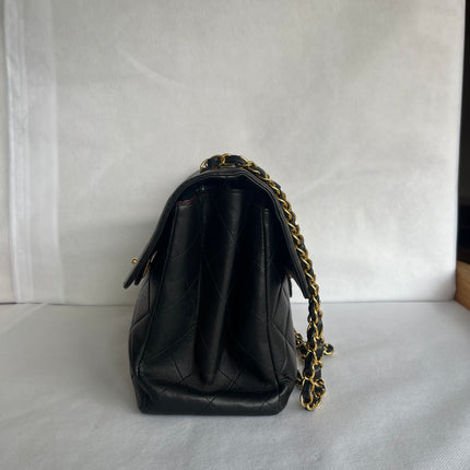 Chanel Jumbo Double Sided Classic Flap Black Lambskin Leather 24k Gold Hardware Handbag