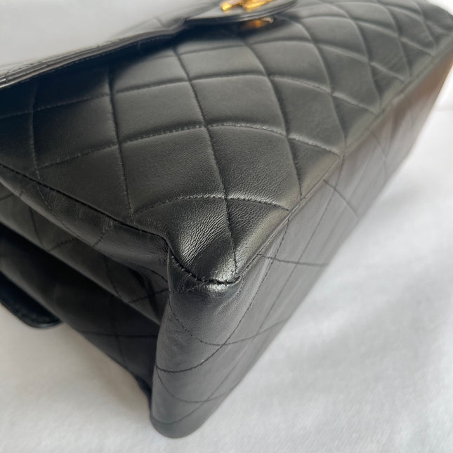Chanel Jumbo Double Sided Classic Flap Black Lambskin Leather 24k Gold Hardware Handbag