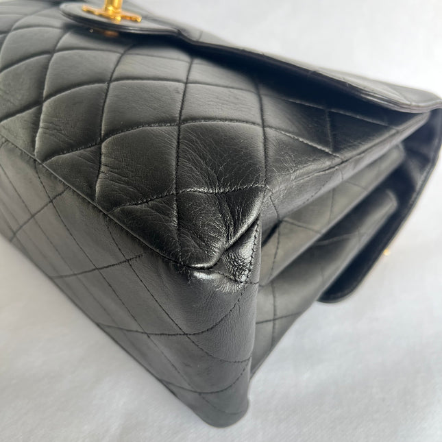 Chanel Jumbo Double Sided Classic Flap Black Lambskin Leather 24k Gold Hardware Handbag