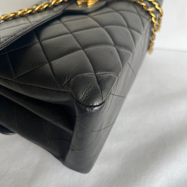 Chanel Jumbo Double Sided Classic Flap Black Lambskin Leather 24k Gold Hardware Handbag