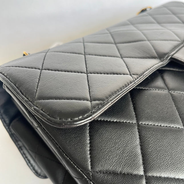 Chanel Jumbo Double Sided Classic Flap Black Lambskin Leather 24k Gold Hardware Handbag