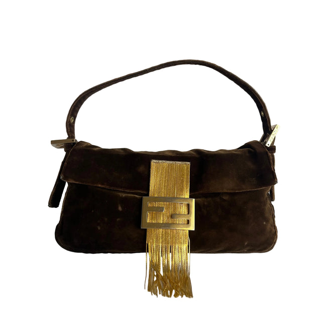 Fendi Baguette Vintage Rare Brown Velvet with Gold Metal Tassles-Luxbags