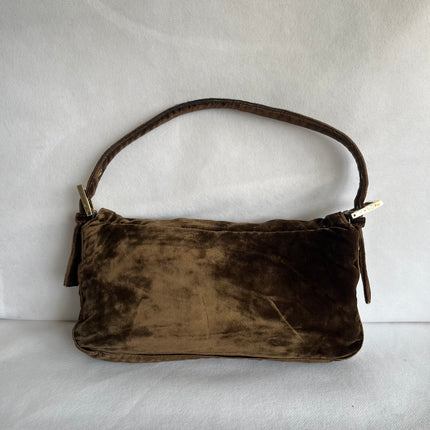 Fendi Baguette Vintage Rare Brown Velvet with Gold Metal Tassles