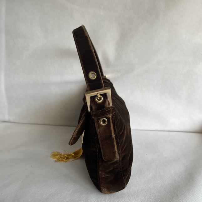 Fendi Baguette Vintage Rare Brown Velvet with Gold Metal Tassles