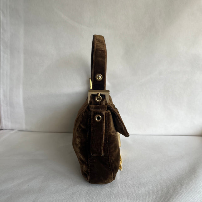 Fendi Baguette Vintage Rare Brown Velvet with Gold Metal Tassles