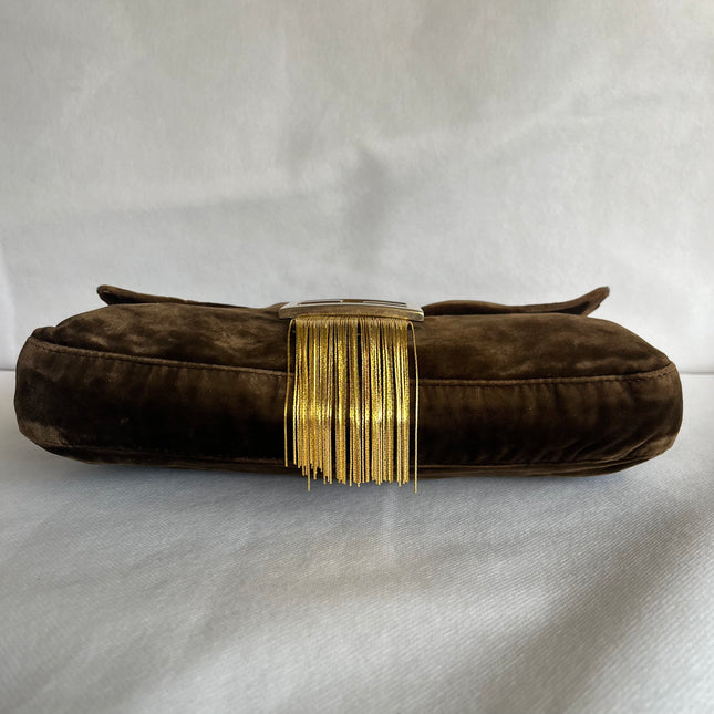 Fendi Baguette Vintage Rare Brown Velvet with Gold Metal Tassles