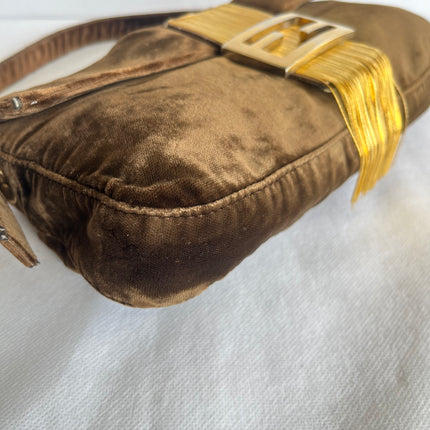 Fendi Baguette Vintage Rare Brown Velvet with Gold Metal Tassles