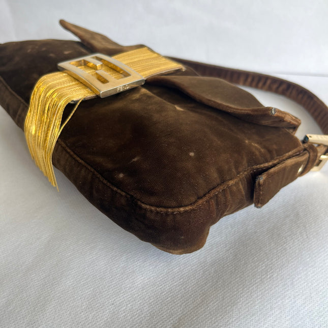 Fendi Baguette Vintage Rare Brown Velvet with Gold Metal Tassles