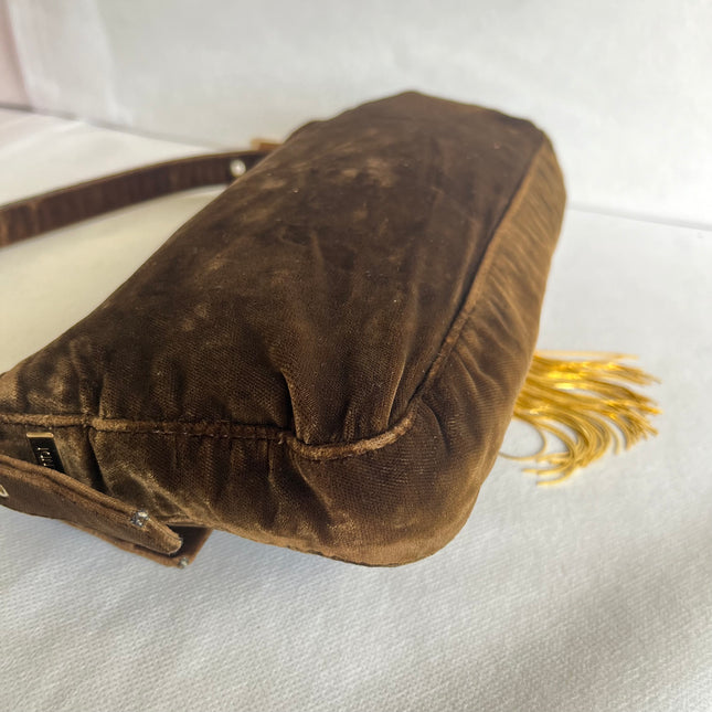 Fendi Baguette Vintage Rare Brown Velvet with Gold Metal Tassles