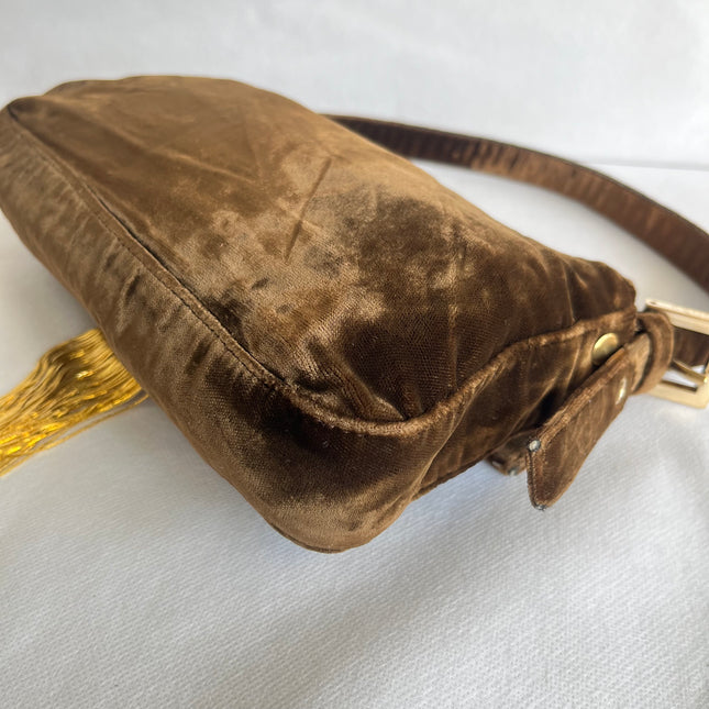 Fendi Baguette Vintage Rare Brown Velvet with Gold Metal Tassles