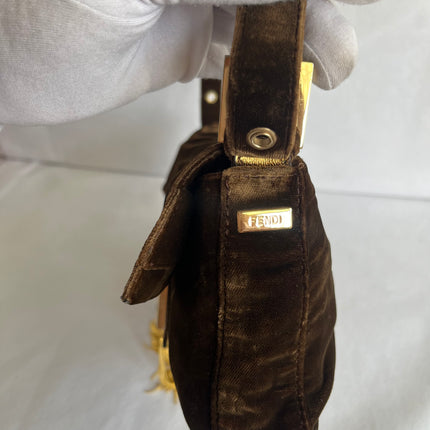 Fendi Baguette Vintage Rare Brown Velvet with Gold Metal Tassles