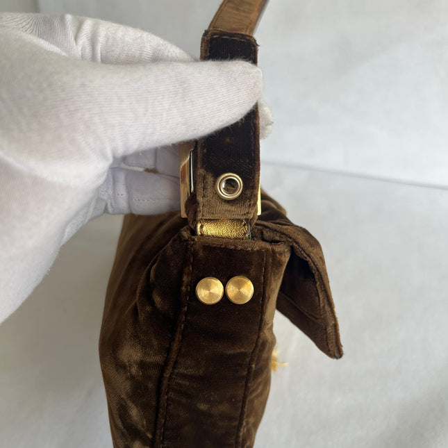 Fendi Baguette Vintage Rare Brown Velvet with Gold Metal Tassles