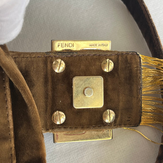 Fendi Baguette Vintage Rare Brown Velvet with Gold Metal Tassles