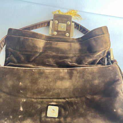 Fendi Baguette Vintage Rare Brown Velvet with Gold Metal Tassles