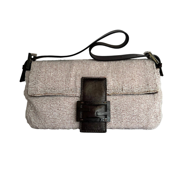 Fendi Baguette Vintage White Glitter Beads Brown Leather