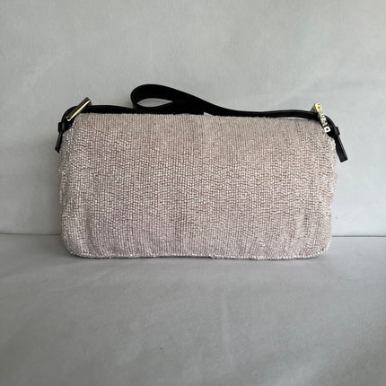 Fendi Baguette Vintage White Glitter Beads Brown Leather