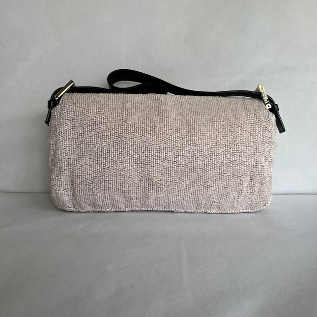 Fendi Baguette Vintage White Glitter Beads Brown Leather