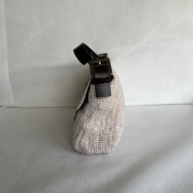 Fendi Baguette Vintage White Glitter Beads Brown Leather