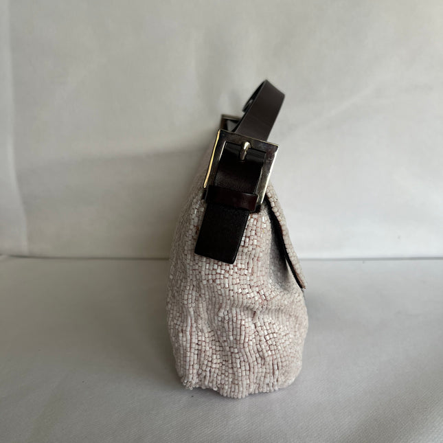 Fendi Baguette Vintage White Glitter Beads Brown Leather