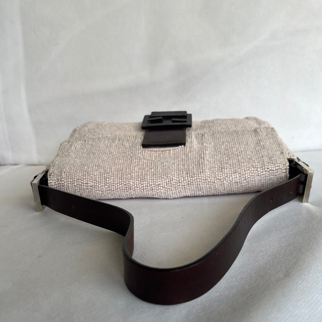 Fendi Baguette Vintage White Glitter Beads Brown Leather
