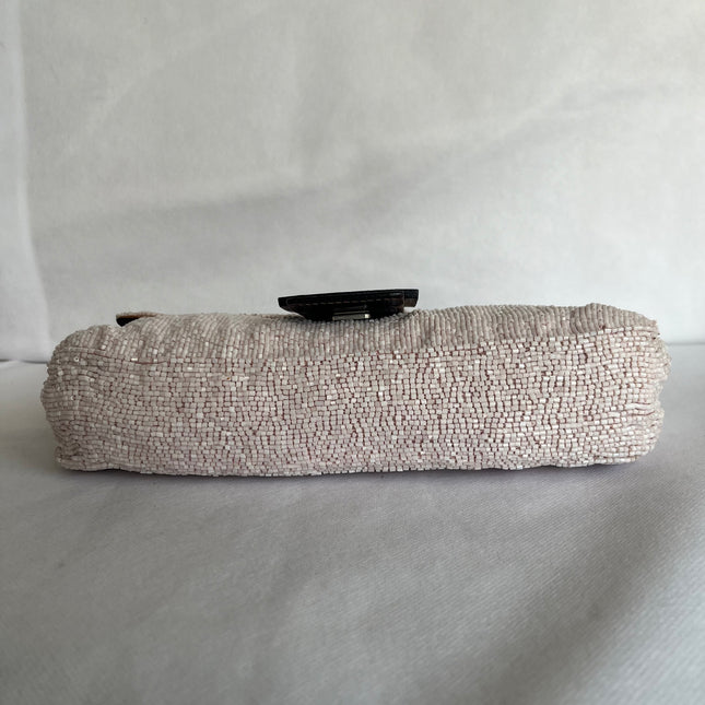 Fendi Baguette Vintage White Glitter Beads Brown Leather