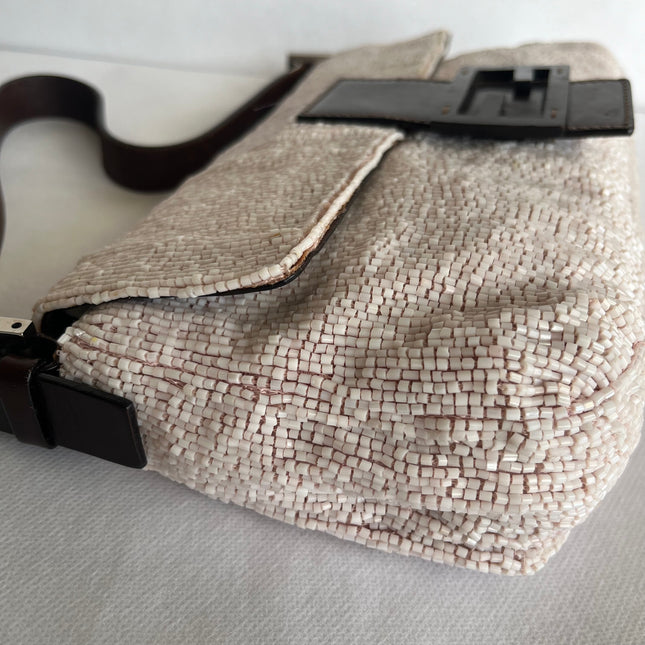 Fendi Baguette Vintage White Glitter Beads Brown Leather
