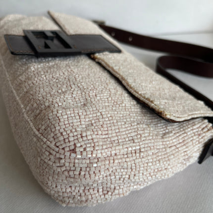Fendi Baguette Vintage White Glitter Beads Brown Leather
