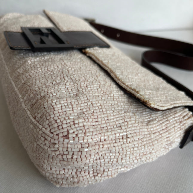 Fendi Baguette Vintage White Glitter Beads Brown Leather