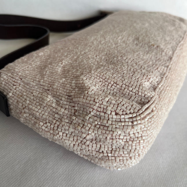 Fendi Baguette Vintage White Glitter Beads Brown Leather