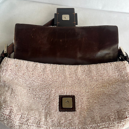 Fendi Baguette Vintage White Glitter Beads Brown Leather