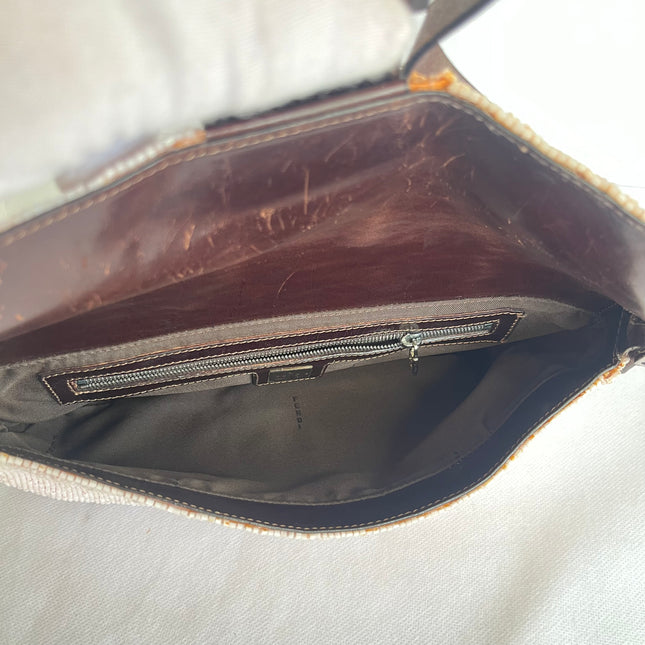 Fendi Baguette Vintage White Glitter Beads Brown Leather